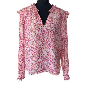 J Crew Pink Floral Ruffle V Neck Blouse Smocked Cuff Size Large Cottagecore Boho